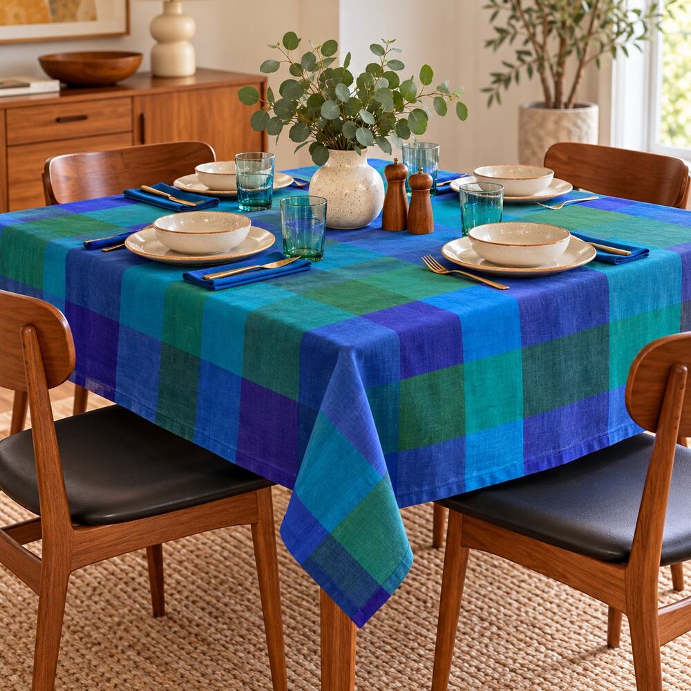 Vintage Rare DANSK Ritva Puotila Tablecloth 66x68 Blue Green Purple Plaid MCM
